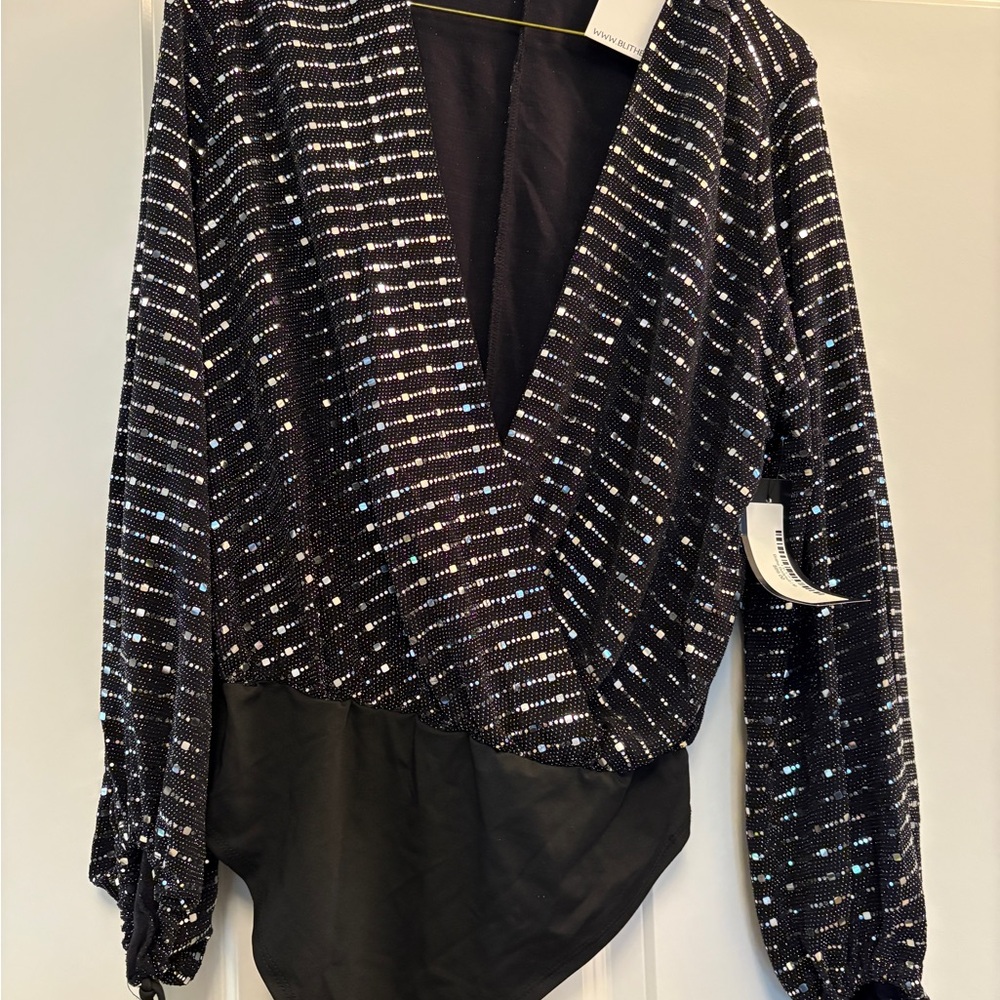 Asymmetrical Silver and White Wrap Bodysuit